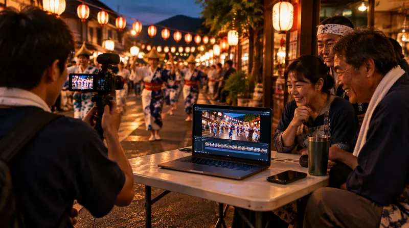 提灯の並ぶ夜の祭りで踊りの列を撮りながら、屋外のテーブルでノートパソコンの編集画面を地域の人たちがのぞき込んでいる場面