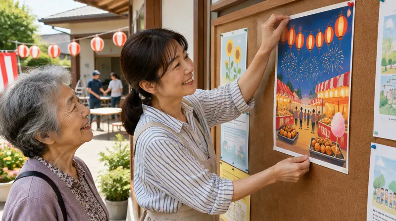 地域の掲示板に、女性が提灯と花火と屋台を描いたチラシを貼り、年配の女性が隣で笑顔で見ている様子