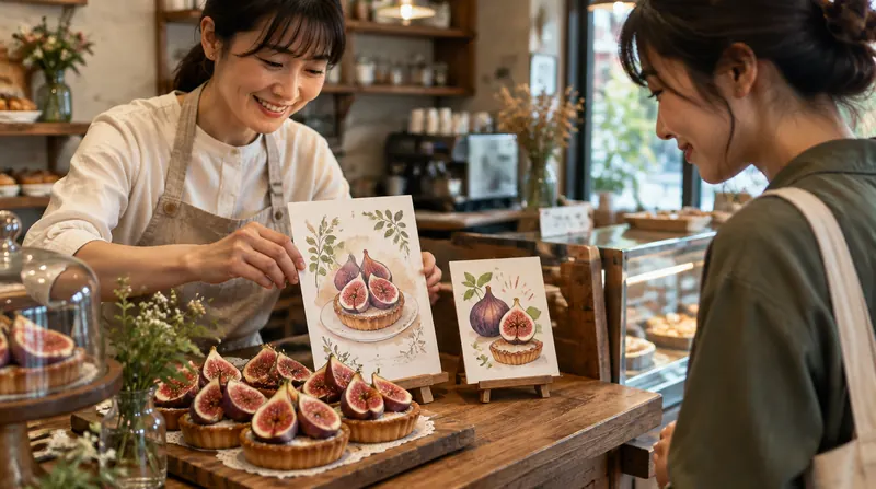 カフェの店員が、いちじくのタルトを描いたPOPカードをカウンターに並べ、お客さんが笑顔で見ている様子