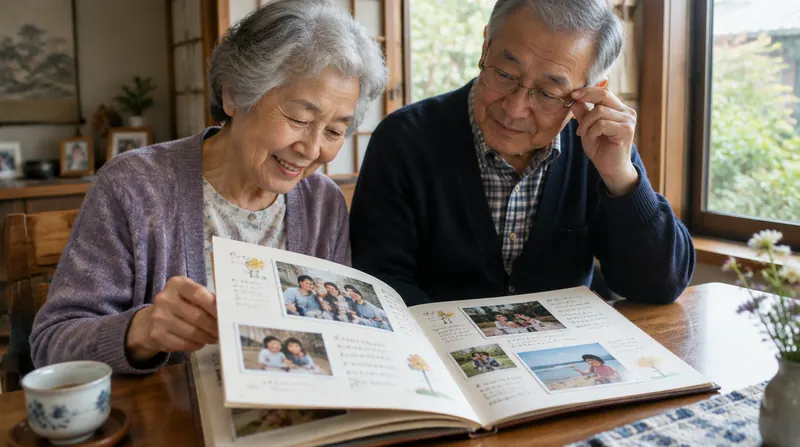 祖父母が並んでテーブルに座り、孫の写真と手書きの一言が並ぶフォトブックを開いて笑っている様子