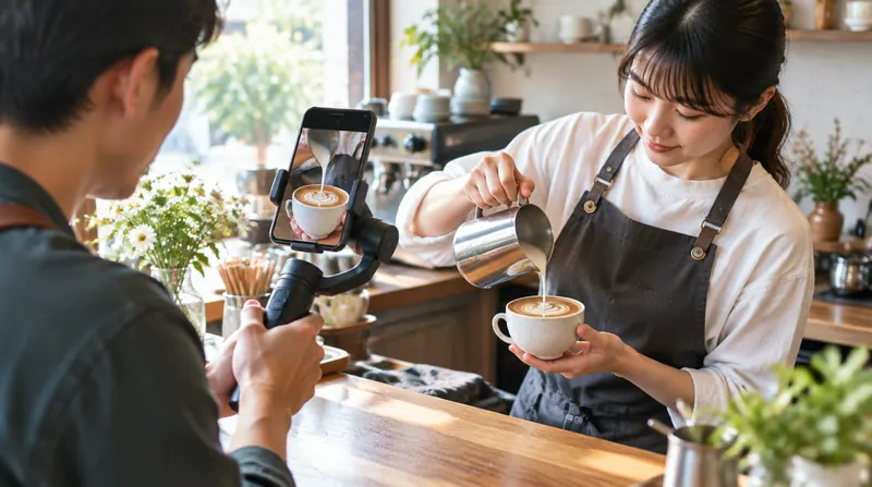 カフェのカウンターでラテアートを注ぐ店員を、手持ちの撮影用スタビライザーに付けたスマホで撮っている場面