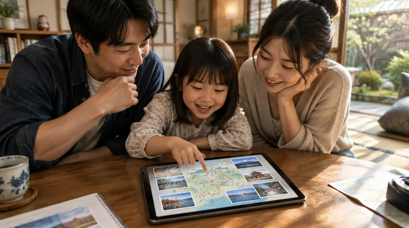 家族3人が木のテーブルでタブレットの地図と旅行先の写真を囲み、子どもが画面を指さして笑っている様子