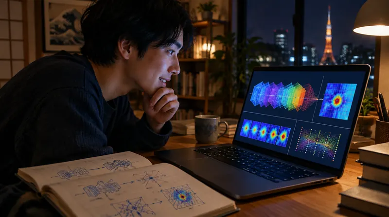 ノートパソコンに映るAIの仕組みの図に見入る男性