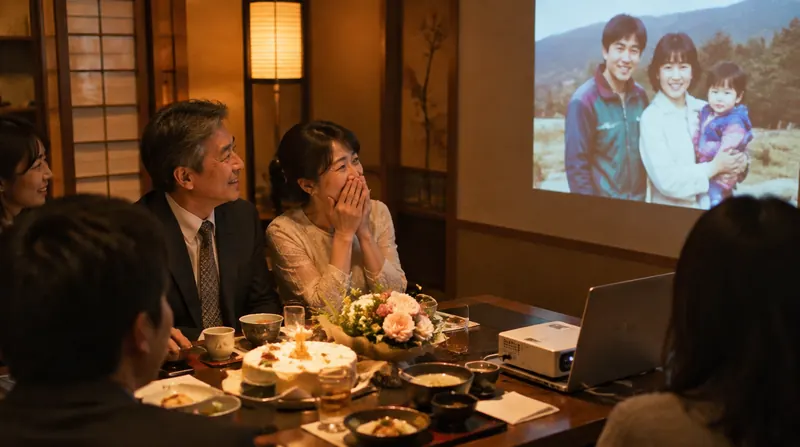 和室の食事会で、壁に映した若い頃の家族写真を見て、母親が両手で口元を押さえて驚いている場面