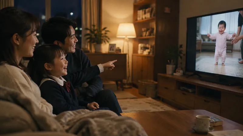 夜のリビングで家族3人がソファに並び、テレビに映る赤ちゃんのよちよち歩きの映像を見て笑っている場面