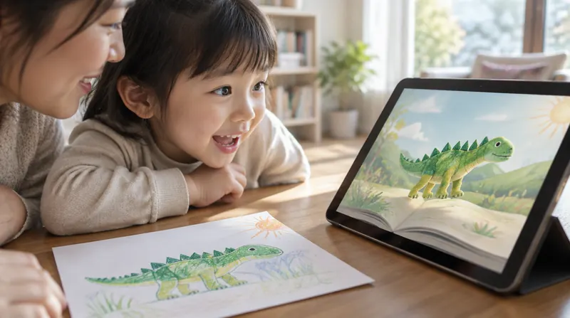 子どもと大人が机に顔を寄せ、クレヨンで描いた緑の恐竜の絵と、同じ恐竜が絵本の上に立つタブレットの画面を見比べている様子