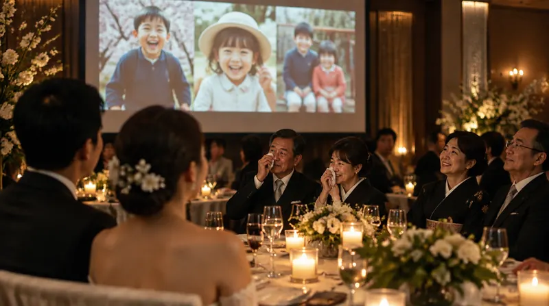披露宴会場のスクリーンに新郎新婦の子どもの頃の写真が映り、両親がハンカチで目元を押さえている場面