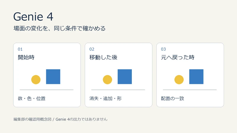 開始時、視点を移動した後、元へ戻った時の三つの確認を示す編集部作成の概念図。Genie 4の出力ではない。