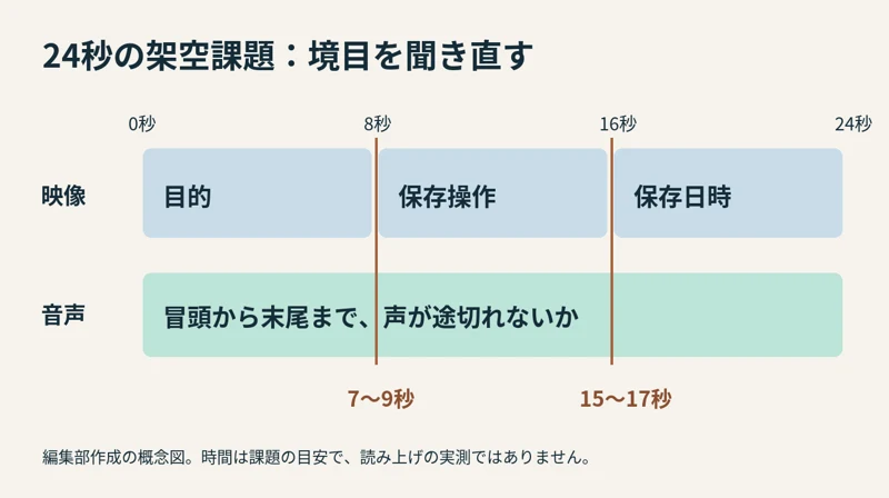 0秒から24秒の三つの映像と連続する音声、8秒と16秒の確認箇所を示す概念図