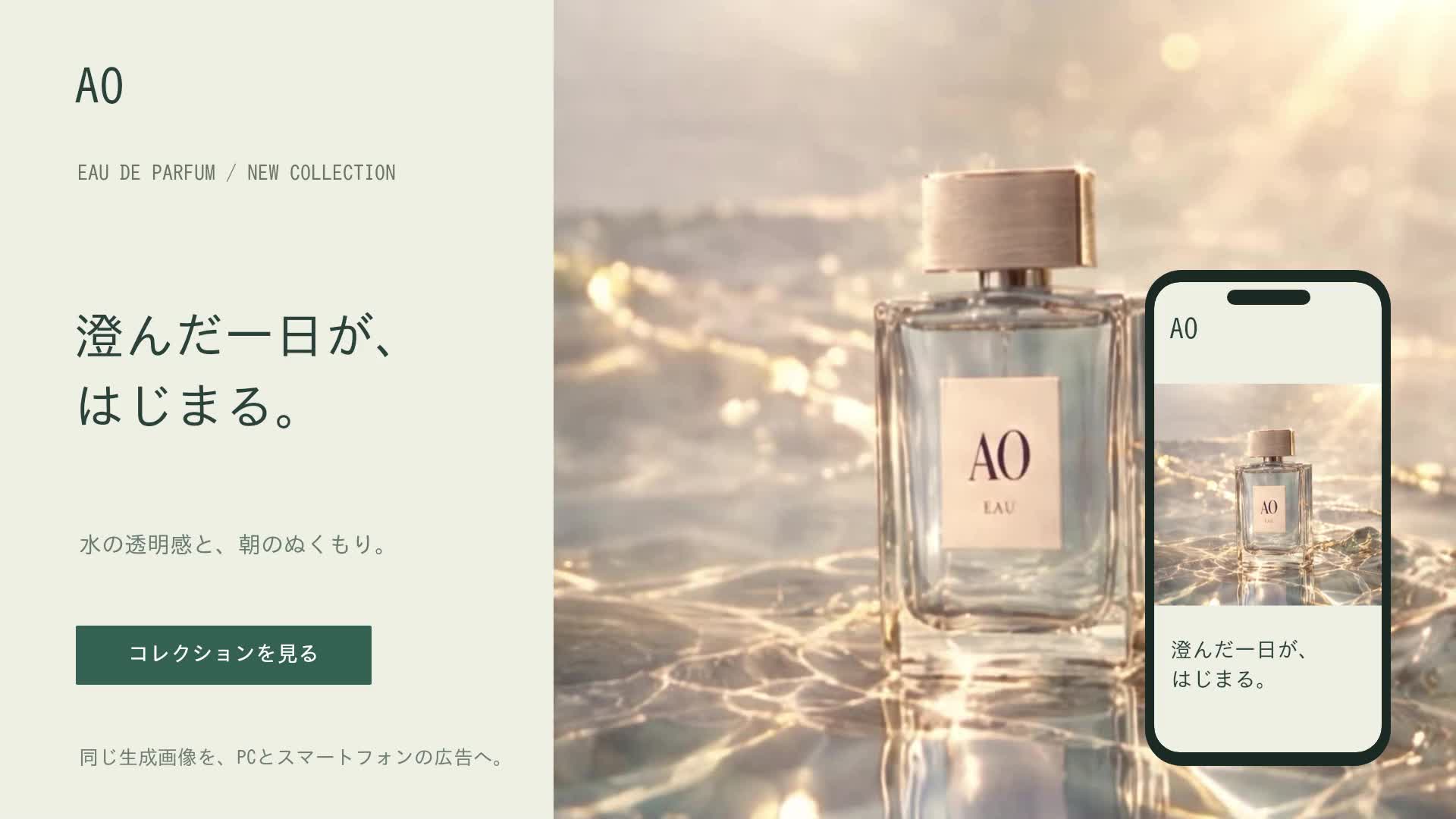 AIで制作した香水の広告。朝の水辺の光の中に香水瓶が置かれ、スマートフォン用の広告画面も並ぶ
