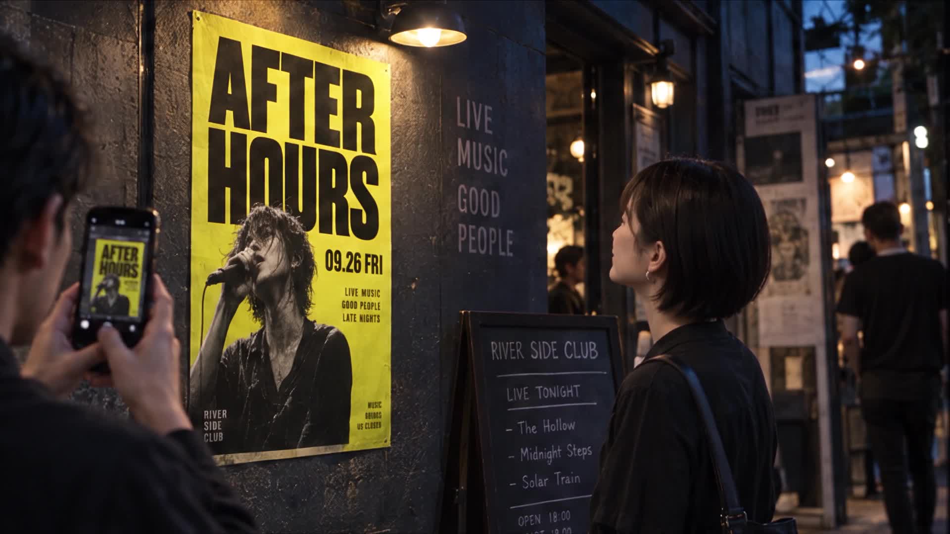 街の壁に貼られた黄色と黒のライブポスターを、女性がスマートフォンで撮っている