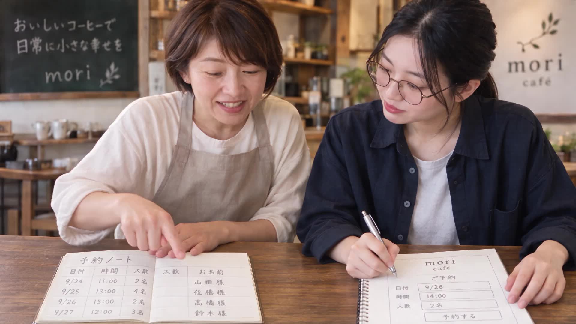 カフェの予約で困っていることをノートに整理する。予約フォームを実装して動作を確かめ、店頭のタブレットで予約を受ける。要件整理・画面実装・動作確認が、お店で使える仕組みにつながるイメージです。