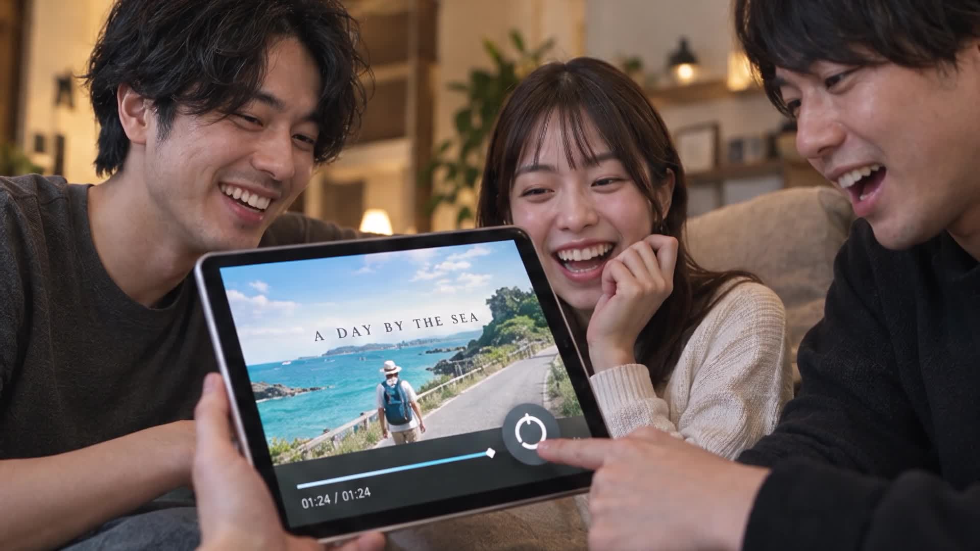 友人たちがタブレットで旅の動画を見て笑っている